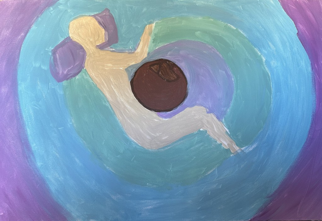 A nude form in the fetal position with a lavender pillow surrounded by ripples like an embryo has a small curled up dog seeking warmth near the stomach like nutrients for a fetus. The symbiotic feeling of belonging on a planet that feels so alien to my being is possible due to a service dog working at my side each day.