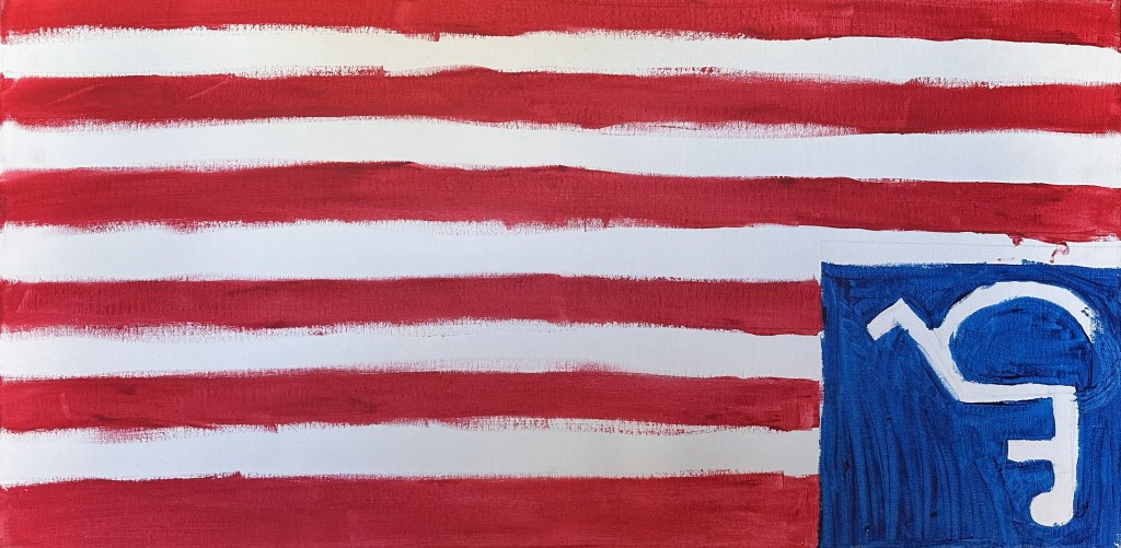 An upside-down American flag where the blue square white stars are replaced with a blue and white handicap placard wheelchair symbol. Red stripes are shaky and rough.