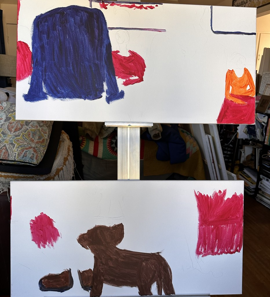 two canvases split from a mid back point of view and a lower point of view, unfinished painting featuringa a service dog and their handler from behind at a job faire.