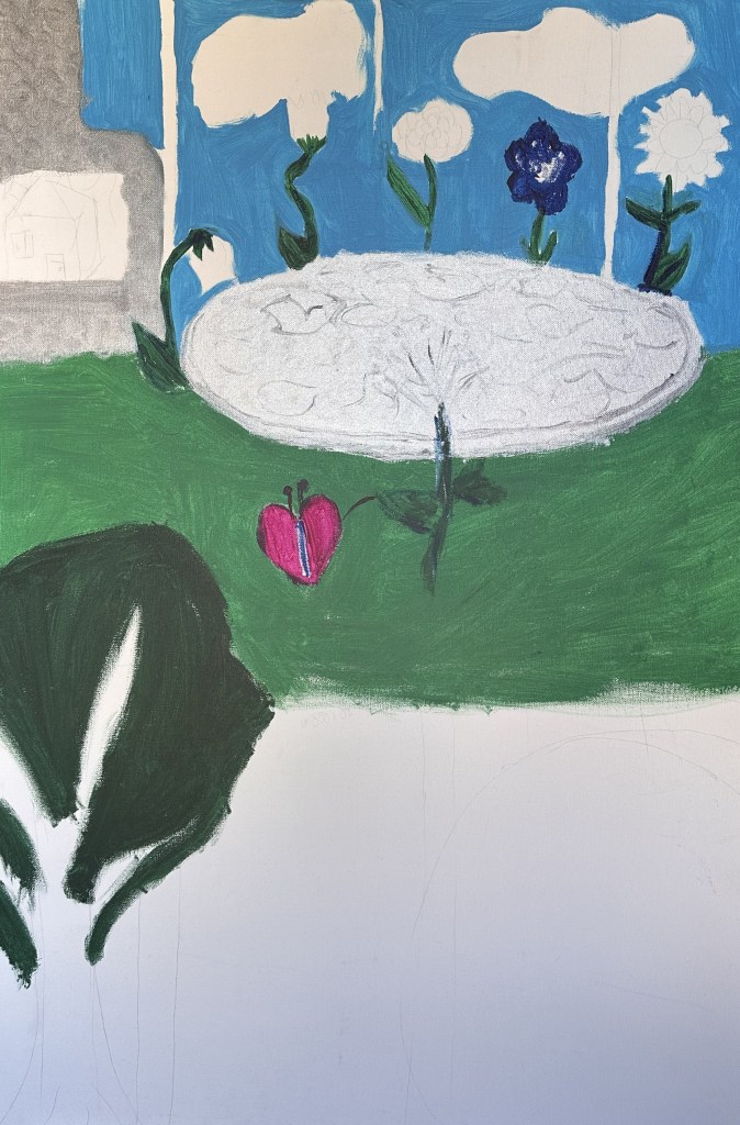 A stepping stone table sits on green grass surounded on one side by flowers, and a lone dandelion and their butterfly shaped as a heart attached to their leaf. A hearth has an image of home in it and the window is floor ceiling with only blue skies and fluffy clouds in sight behind the flowers on the far side of the table. In the foreground an unfinished tree stands.